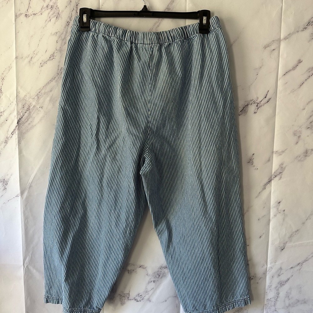 VTG 90s DENIM & CO STRIPED STRETCH WAIST DENIM CROPPED ANKLE PANTS BLUE/WHITE - Picture 5 of 8